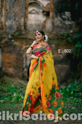 Half Silk Saree With Hand Print